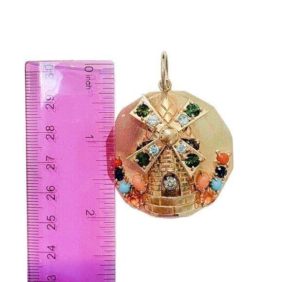 Rare Vintage Brushed 14K Gold Gemstone Windmill Pendant for Necklace - Picture 6 of 6